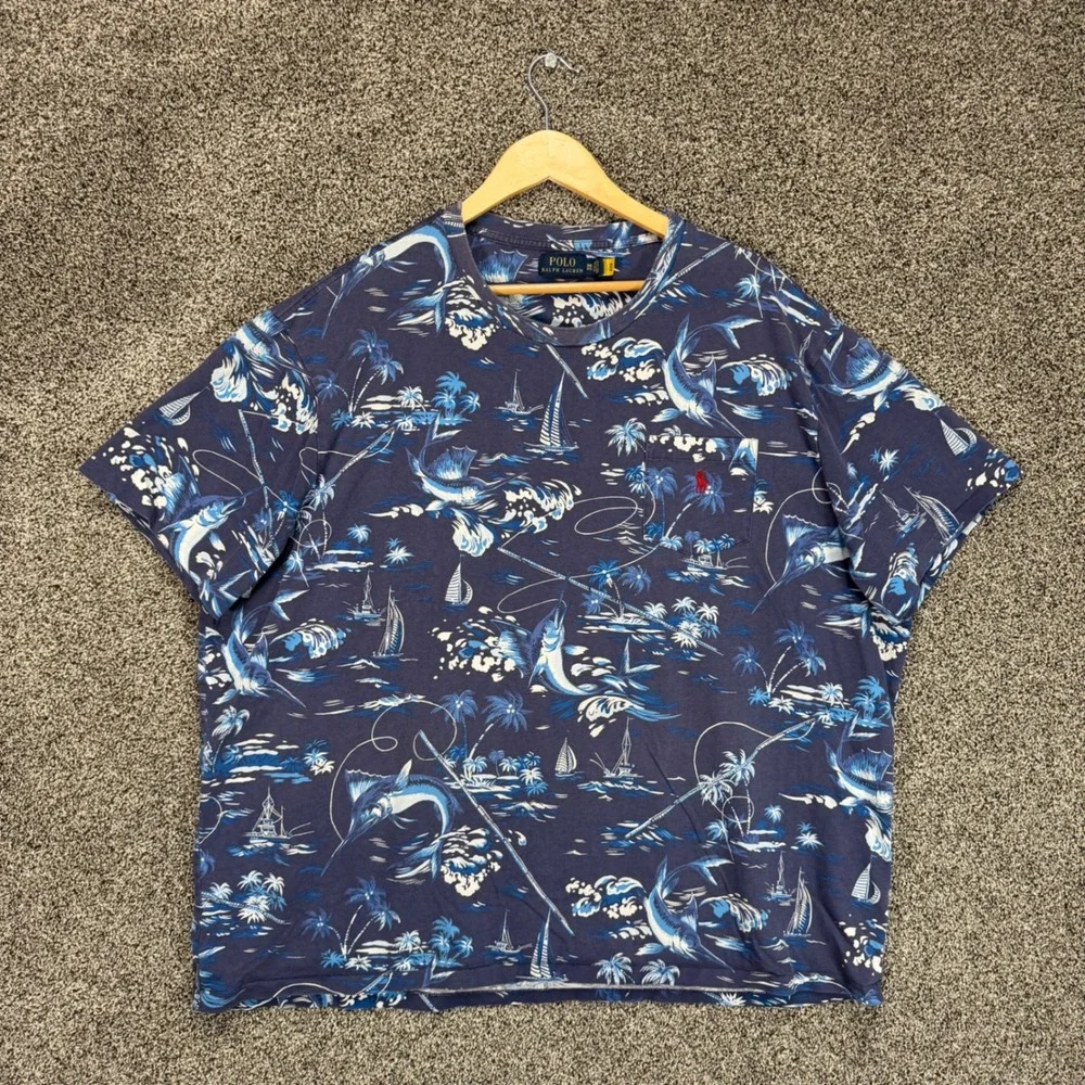 Polo Ralph Lauren T-Shirt Men 3XB Blue Marlin Fishing AOP Cotton Pocket Tee Pony